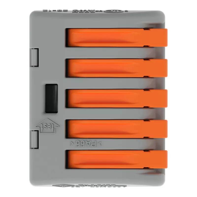 Bloco de bornes compacto de 5 condutores WAGO 222-415 com alavanca, ligação de mola, 32 A, 400 V, cinzento/laranja
