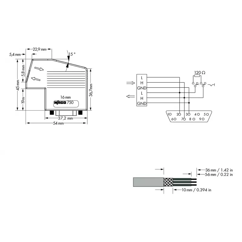 WAGO 750-963 Módulo de ligação D-Sub, conector fêmea de 9 polos, cinzento, IP20, para WAGO I/O System 750