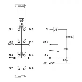 WAGO 753-430 - Módulo de entrada digital de 8 canais, 24 VDC, isolamento 5 kV, CAGE CLAMP, calha DIN
