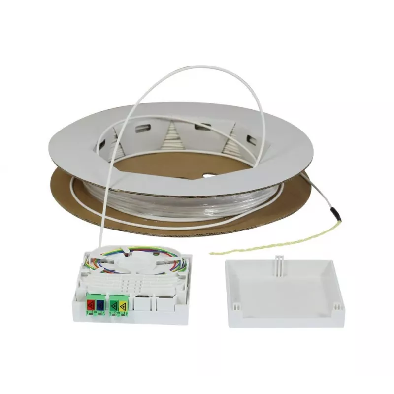 Caixa compacta FTTH Synergy 21 pré-terminada, 4xLC/APC para extremidade aberta, 60m, 9/125µm, G.657.A2, 4 fibras, OD 2,2mm