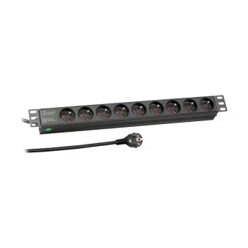 EFB Elektronik EK631FR.1 Régua de tomadas para montagem em rack 19 polegadas 1U, 9 x tomadas francesas/UTE, ficha CEE 7/7, cabo de 1,8m, 16A, 230V, preto