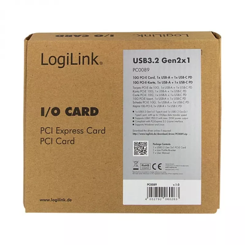 LogiLink placa PCI Express USB 3.2, 5 Gbps, 2 portas USB-A externas + 3 internas
