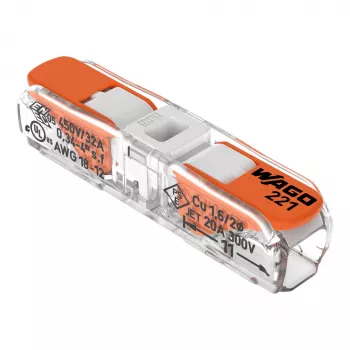 WAGO 221-2401 Conector de emenda inline, 2 condutores, 0,2-4 mm², 600 unid., transparente/laranja