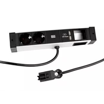 Régua de tomadas Bachmann DESK Rail com 2 tomadas Schuko e 2 portas de carregamento USB, cabo de 2m, prateado/preto