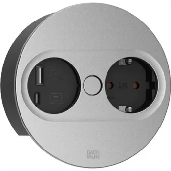Bachmann TWIST 2 Régua de tomadas com 1x tomada Schuko e 1x USB A/C, cabo de 2,0m, preto/aço inoxidável