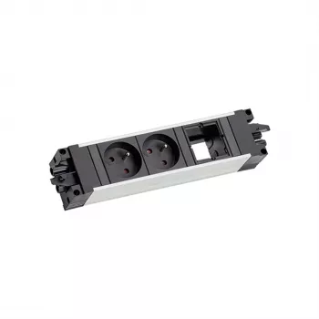 Bachmann 906.0238 STEP ALU Módulo de alimentação e dados de secretária, 2x tomadas Type E, 2x slots Keystone, cabo de 3m, prateado/preto