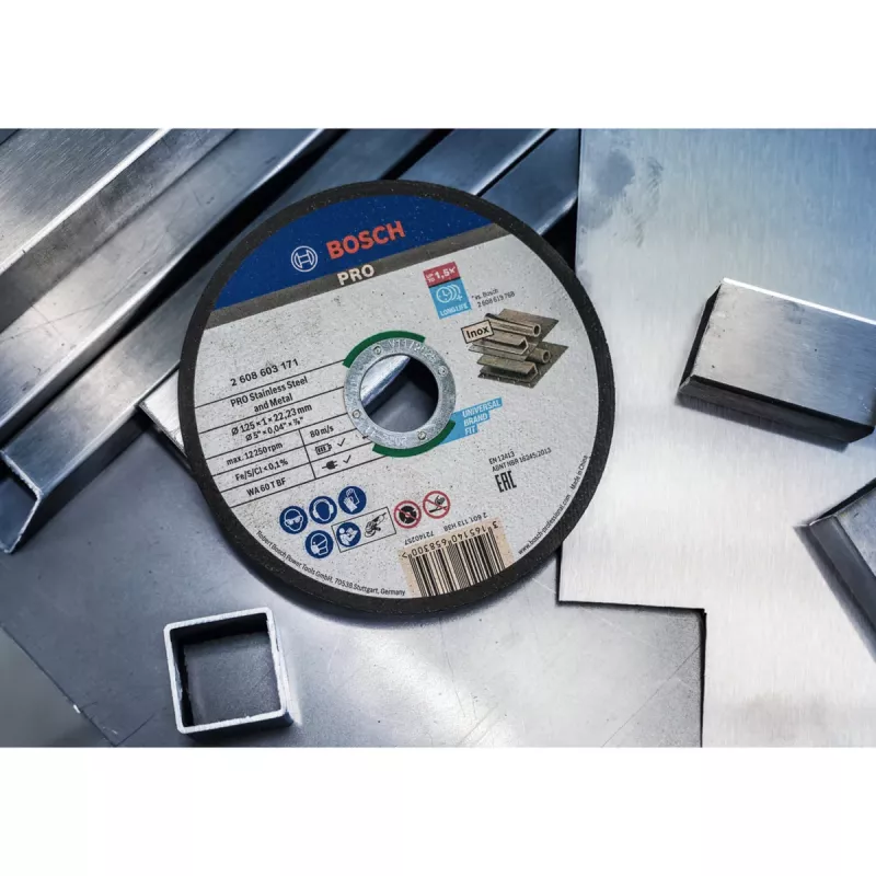 BOSCH POWERTOOLS PRO Disco de corte para aço inoxidável e metal, Ø 125 mm, 100 unidades em balde (furo 22,23 mm, WA 60 T BF)