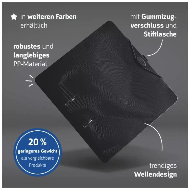 BRUNNEN WAVE Dossier de alavanca Onyx Black plástico 7,0 cm DIN A4