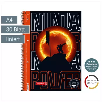 Bloco universitário BRUNNEN Ninja Power pautado 27 A4 com margem interior, 80 folhas, encadernação em espiral, 4 furos, perfurado, 70 g/m², branco