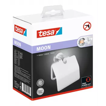 Suporte de papel higiénico Tesa MOON com tampa, autoadesivo, aspeto de aço inoxidável, prateado, 1 unid.