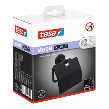 Suporte de papel higiénico Tesa MOON BLACK com tampa, autoadesivo, preto, 1 unid.