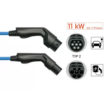 Cabo de carregamento EV kabelmeister® Modo 3, ficha Type 2 para conector fêmea, trifásico, 16 A, 11 kW, azul, 5 m