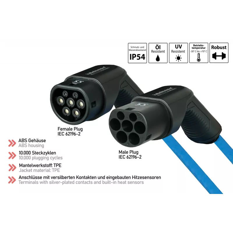 Cabo de carregamento EV kabelmeister® Modo 3, ficha Type 2 para conector fêmea, trifásico, 16 A, 11 kW, azul, 5 m