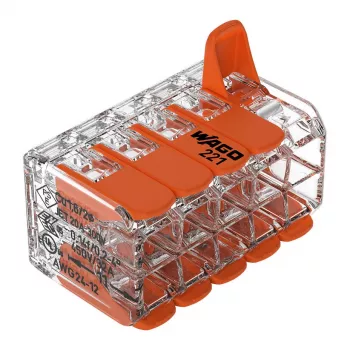 Conector de derivação compacto WAGO 221-420 com alavancas, 10 condutores, 0,2-4 mm², caixa transparente, alavanca laranja, pack de 10