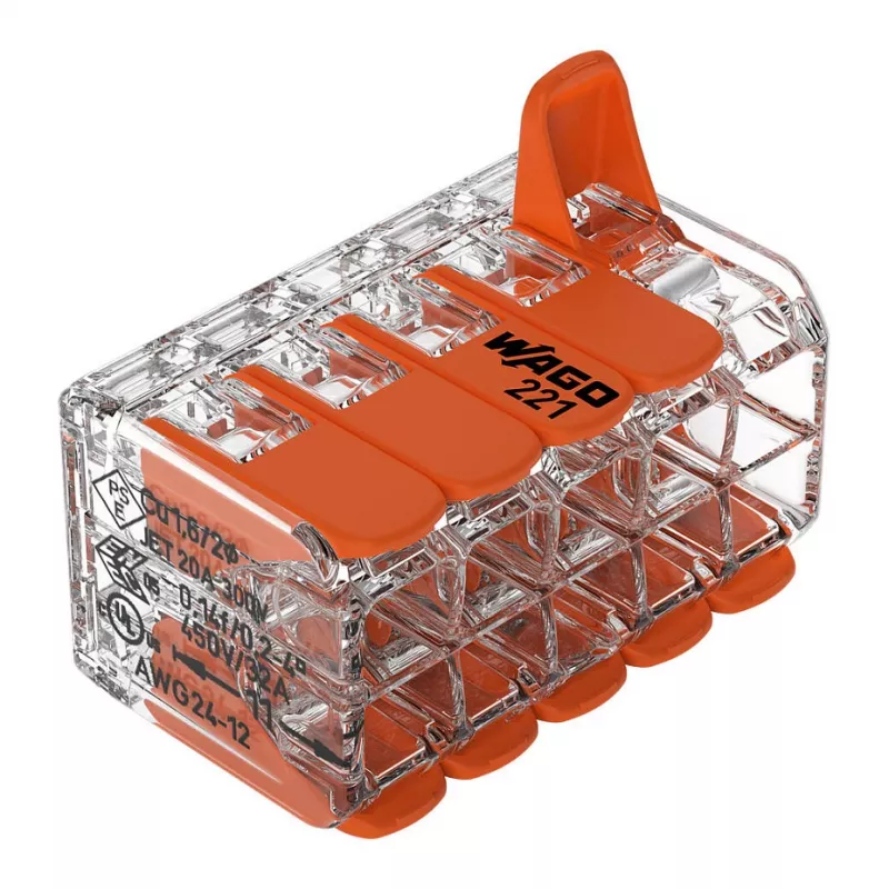 Conector de derivação compacto WAGO 221-420 com alavancas, 10 condutores, 0,2-4 mm², caixa transparente, alavanca laranja, pack de 10