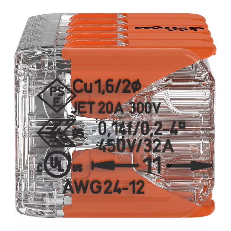 Conector de derivação compacto WAGO 221-420 com alavancas, 10 condutores, 0,2-4 mm², caixa transparente, alavanca laranja, pack de 10