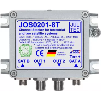 Conversor de cabo único JULTEC JOS0201-8T Unicable II / JESS com 2x entrada ótica de satélite e 1x entrada ótica terrestre, 8x saída tipo F, conetores FC/PC