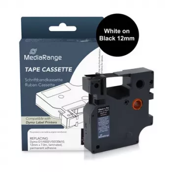 MediaRange cassete de fita de etiquetas compatível com Dymo 12mm x 7m branco sobre preto (MRDY45021)