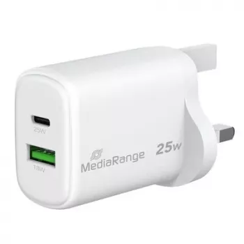 MediaRange Carregador rápido GaN 25W ficha UK, 1x USB-C e 1x USB-A, PD e QC, branco (MRMA112-UK)