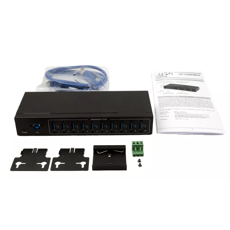 Exsys hub metálico USB 3.2 Gen 1 de 10 portas com kit para calha DIN, chipset VIA VL811+, 5 Gbps, fonte de alimentação 5V/4A, cabo de 1,8m