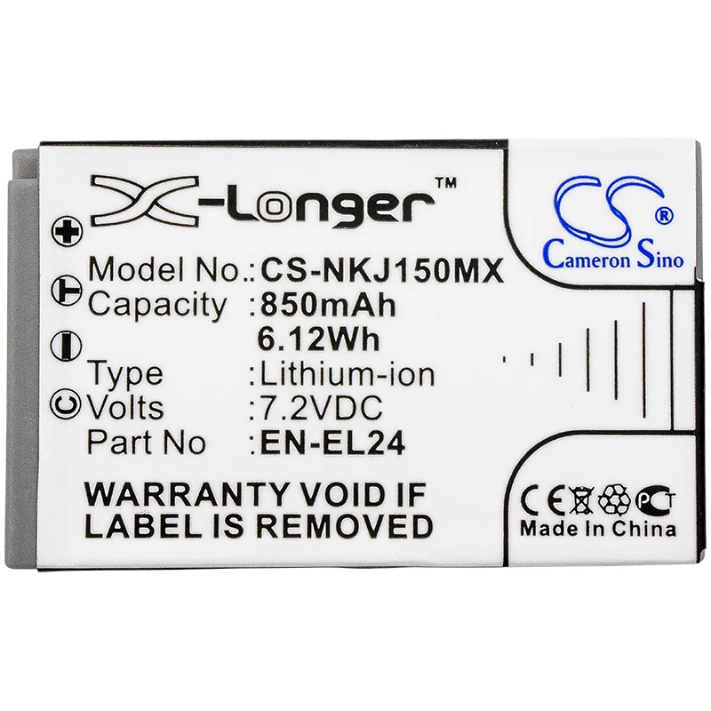 Bateria de substituição Cameron Sino CS-NKJ150MX para Nikon EN-EL24 (850mAh, 7,2V, Li-Ion)
