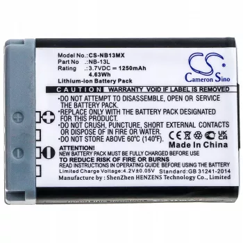 Bateria de substituição CAMERON SINO NB-13L para Canon PowerShot G5 X, G7 X, G9 X, SX620 HS, SX720 HS, SX730 HS, SX740 HS (1250mAh, 3,6V, Li-Ion)