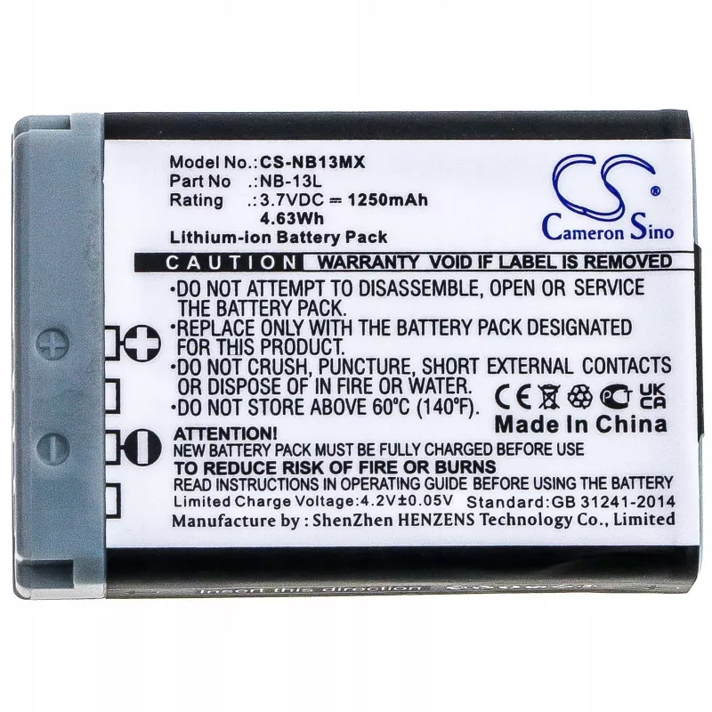Bateria de substituição CAMERON SINO NB-13L para Canon PowerShot G5 X, G7 X, G9 X, SX620 HS, SX720 HS, SX730 HS, SX740 HS (1250mAh, 3,6V, Li-Ion)