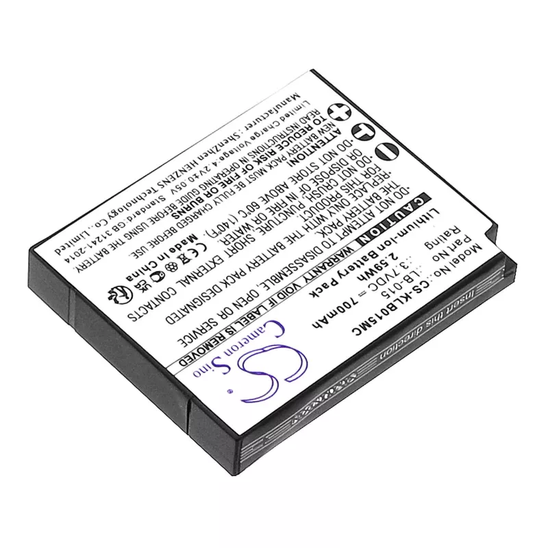 Bateria de substituição Cameron Sino CS-KLB015MC para Kodak LB-015, WPZ2, 3,7V 750mAh Li-Ion