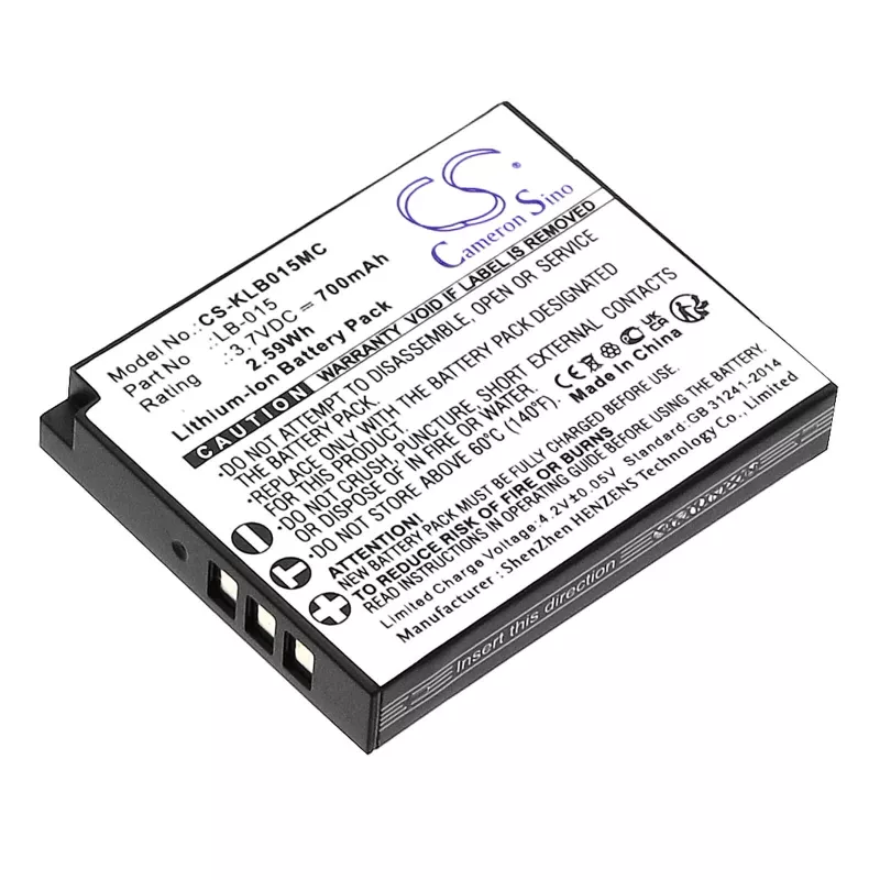 Bateria de substituição Cameron Sino CS-KLB015MC para Kodak LB-015, WPZ2, 3,7V 750mAh Li-Ion