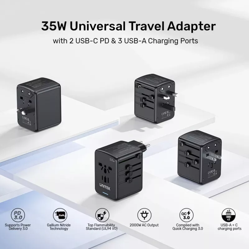 Carregador de viagem UNITEK Riad EU/US/UK/AUS PD 35W