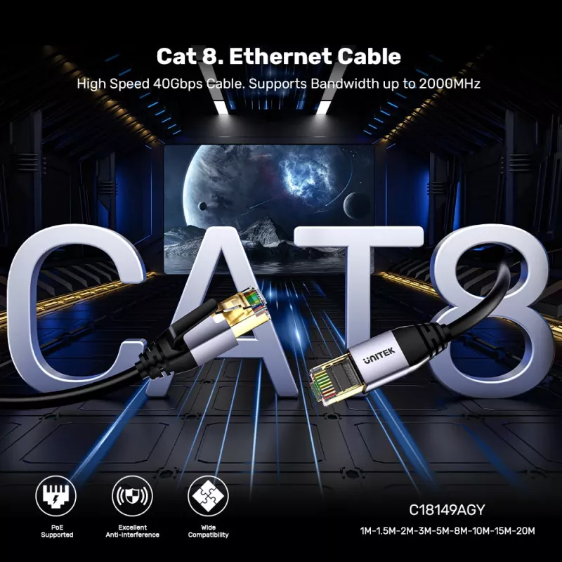 Cabo de rede UNITEK Cat.8 S/FTP Ethernet Patch 10m RJ45 40Gbps 2000MHz banhado a ouro preto