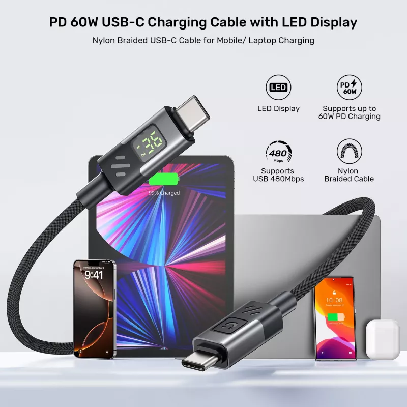Cabo UNITEK USB-C PD 60W 480Mbps com display 2m trançado preto