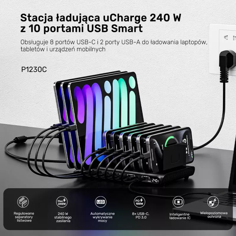 Estação de carregamento UNITEK 10 portas USB-C e USB-A 240W