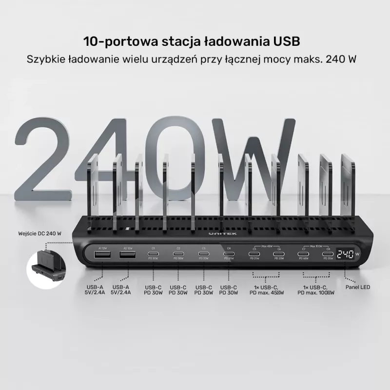 Estação de carregamento UNITEK 10 portas USB-C e USB-A 240W