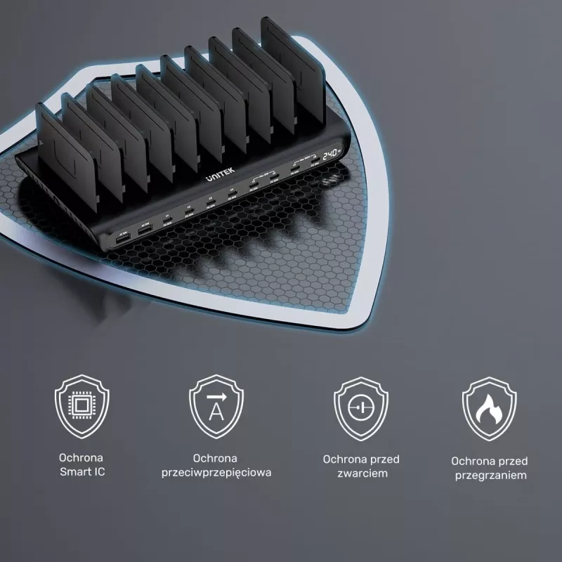 Estação de carregamento UNITEK 10 portas USB-C e USB-A 240W