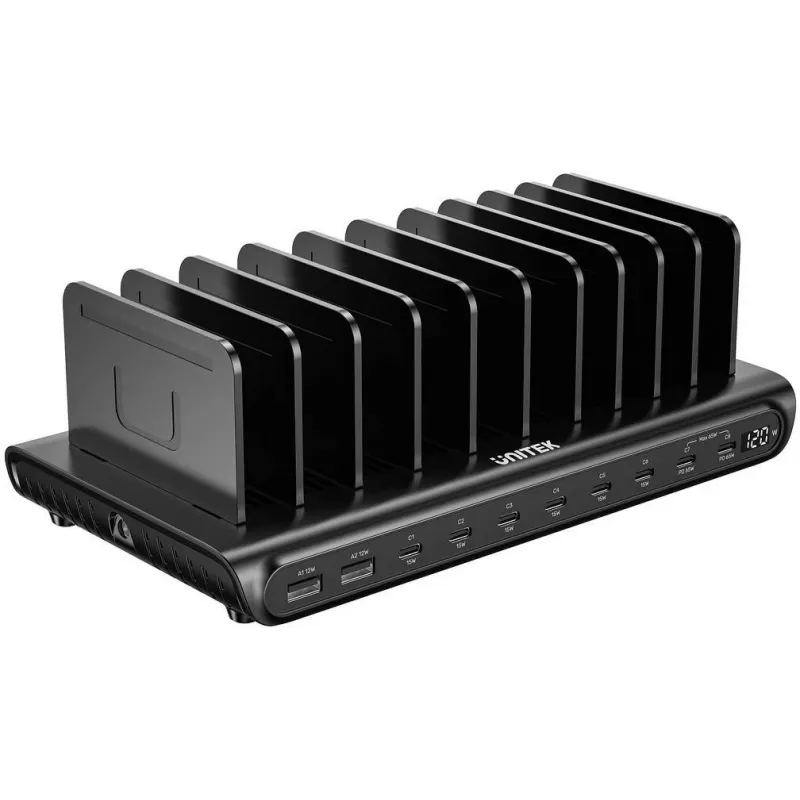 Estação de carregamento inteligente UNITEK 10 portas USB-A/USB-C 120W PD 3.0 preta