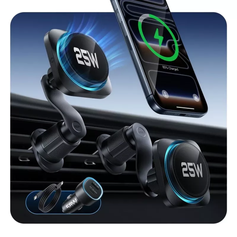 Suporte de carro para saída de ar com carregamento sem fios ESR Omnilock CryoBoost Magnetic MagSafe 25W Qi2.2 preto