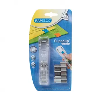 Dispensador Rapesco Supaclip 40 - transparente - 40 folhas - clipes de aço inoxidável - 8 clipes incluídos