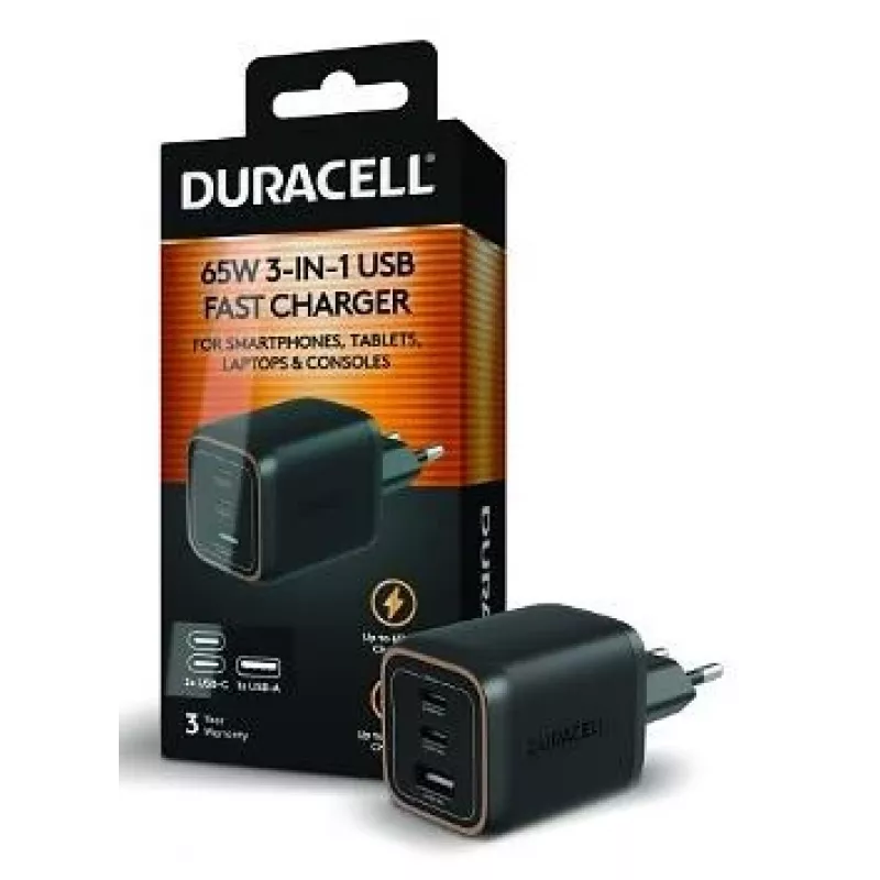 Carregador de parede Duracell PD 65W GaN 2 x USB-C