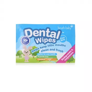 BRUSH BABY Toalhitas Dentárias com Xilitol para Limpeza de Gengivas e Dentes de Leite 0-16 Meses 28 Toalhitas