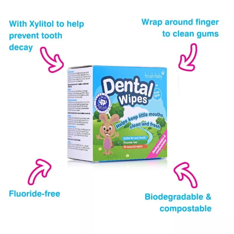 BRUSH BABY Toalhitas Dentárias com Xilitol para Limpeza de Gengivas e Dentes de Leite 0-16 Meses 28 Toalhitas