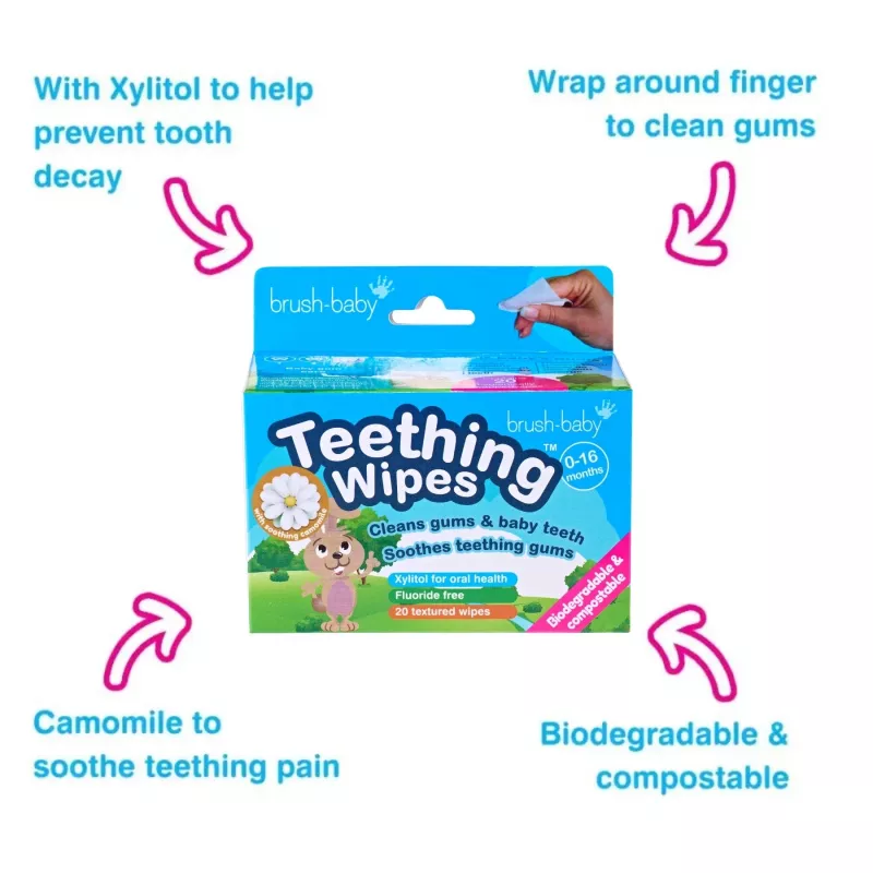 BRUSH BABY Toalhitas Dentárias Camomila e Xilitol para Limpeza de Gengivas 0-16 Meses 20 unid.