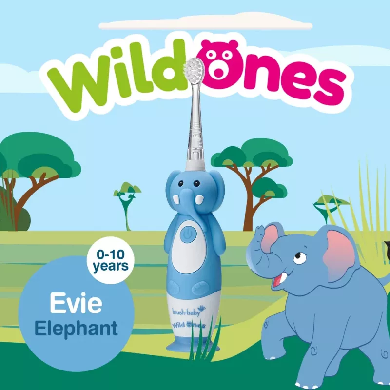 Brush Baby Escova de Dentes Sónica Wild Ones para Crianças 0-10 Anos, Design Elefante, Cinzento/Branco