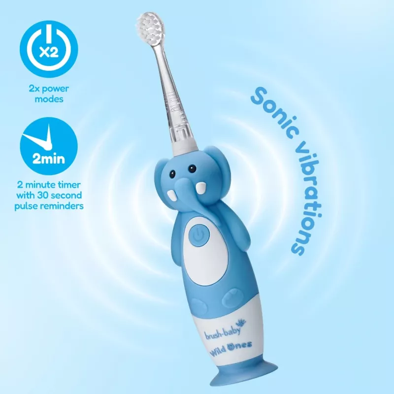 Brush Baby Escova de Dentes Sónica Wild Ones para Crianças 0-10 Anos, Design Elefante, Cinzento/Branco