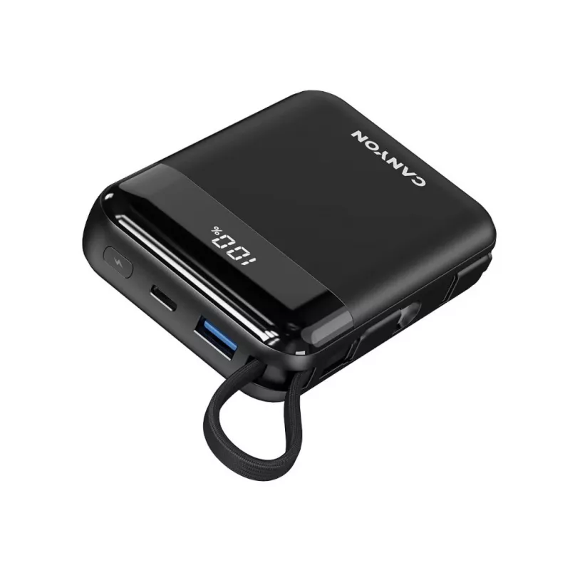 Power Bank Canyon OnPower 104 10000 mAh com Cabo USB-C e Lightning Preto