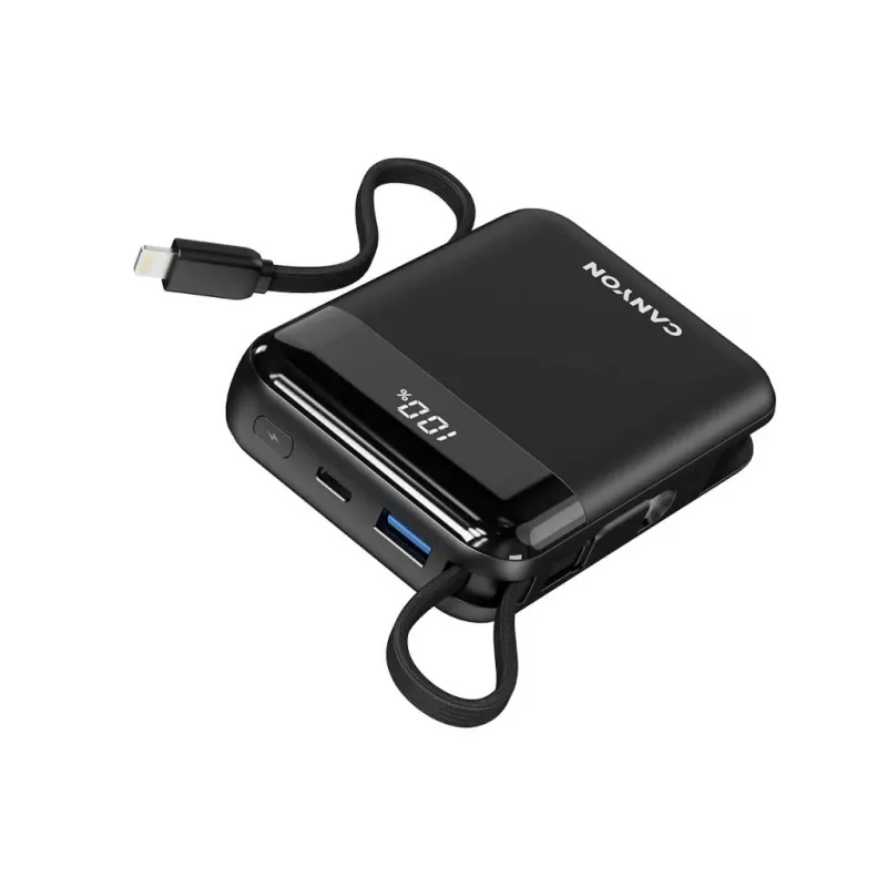 Power Bank Canyon OnPower 104 10000 mAh com Cabo USB-C e Lightning Preto