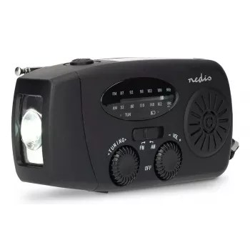 Nedis RDFMCR2000BK Rádio solar com lanterna e função SOS, FM/AM, USB-C, 2000 mAh, preto