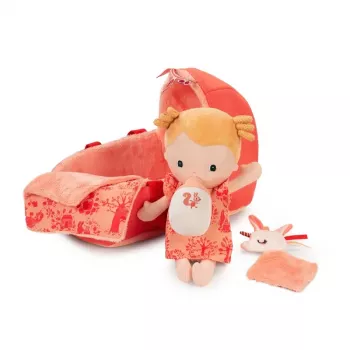 Conjunto de boneca Lilliputiens Lena com cesto de transporte, fralda de aconchego e biberão