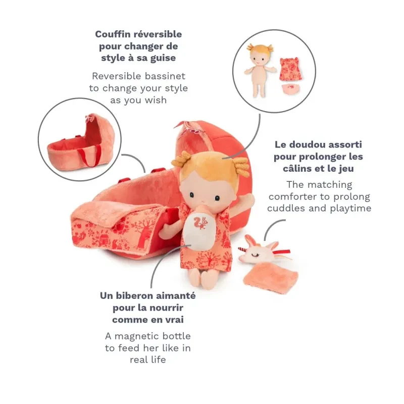Conjunto de boneca Lilliputiens Lena com cesto de transporte, fralda de aconchego e biberão