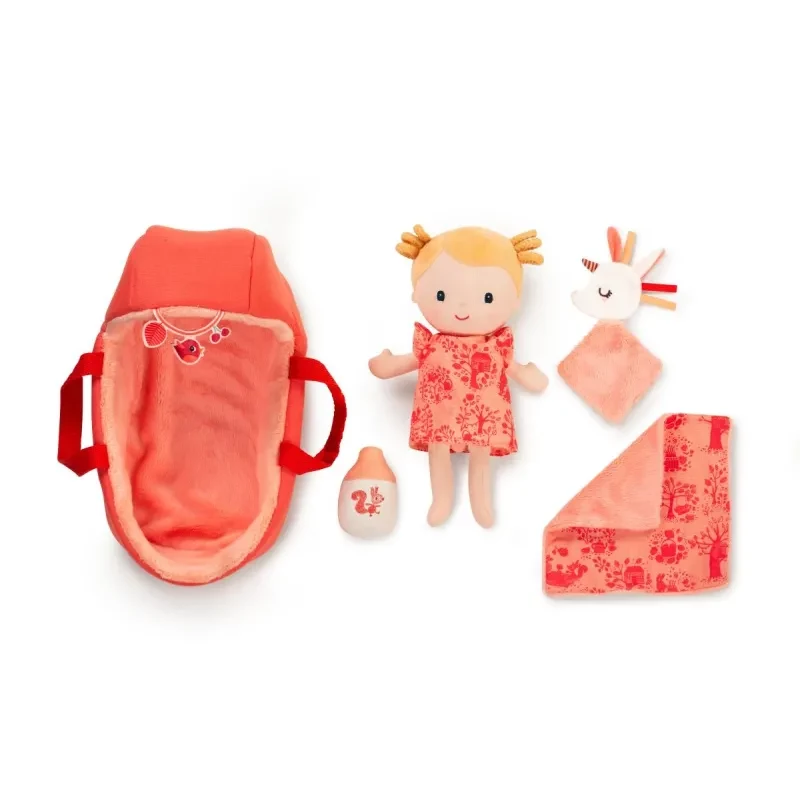 Conjunto de boneca Lilliputiens Lena com cesto de transporte, fralda de aconchego e biberão